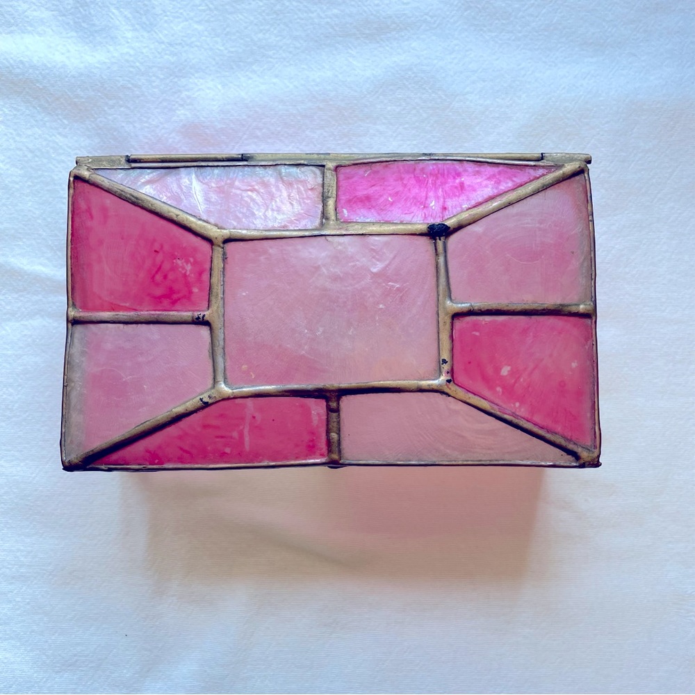 Pink and White Stained & Leaded Glass Hinged Trinket Box